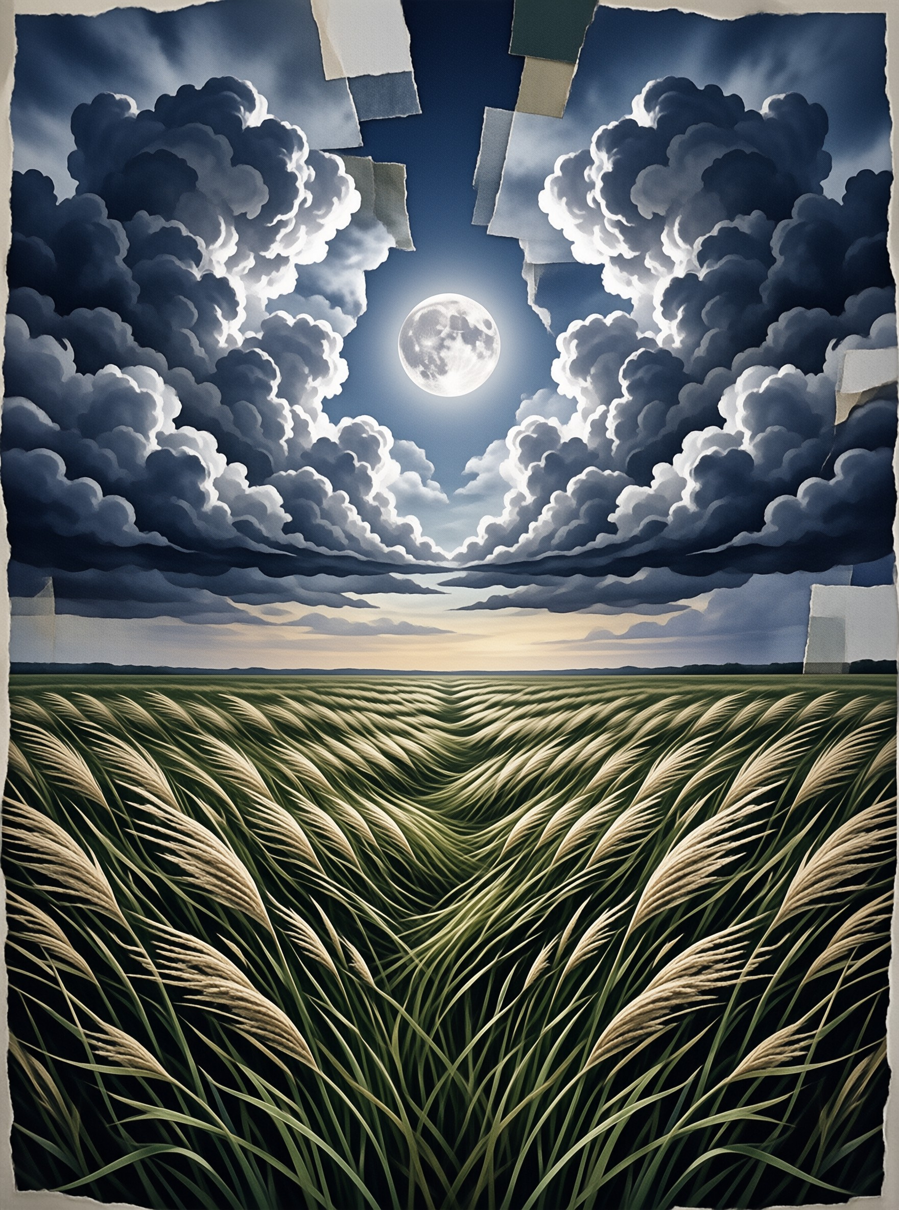 A full moon sits in dark clouded sky above a wide rippling wheat field, with pale light along the distant horizon.