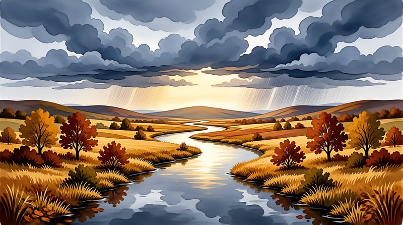 A winding river meanders through a valley of golden hills as dark clouds part to reveal sunlight over autumn trees.