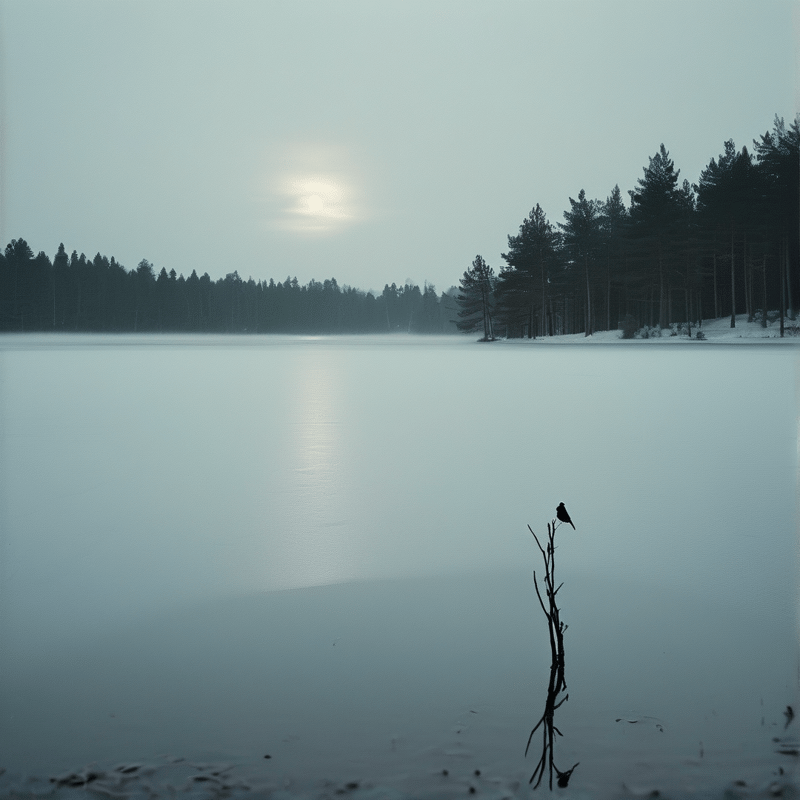 A small black bird sits on a thin branch rising from calm water while a hazy sun shines over a distant forest.
