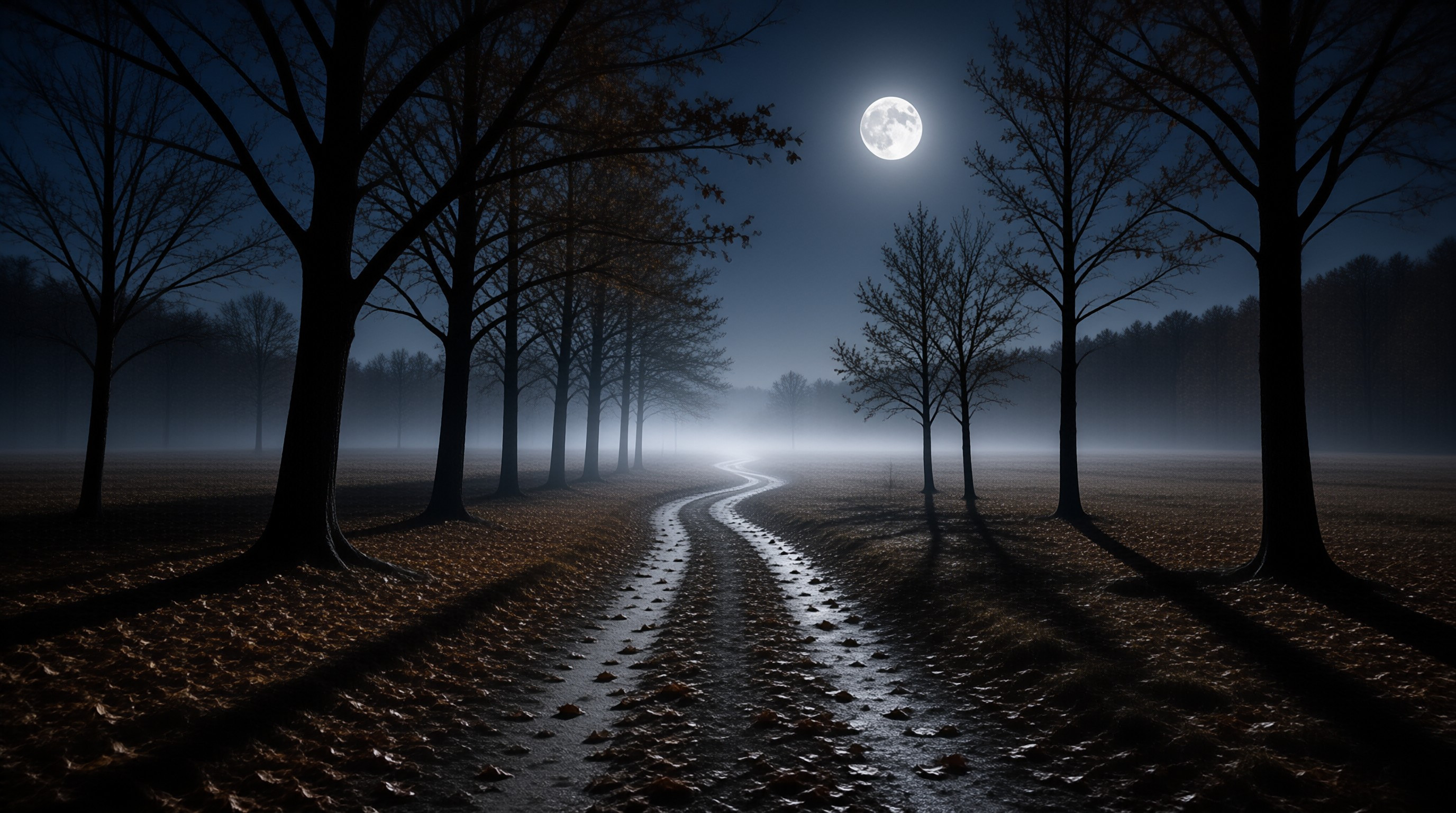 A wet dirt trail winds through a dark forest lined with bare trees while a bright moon shines above the mist.