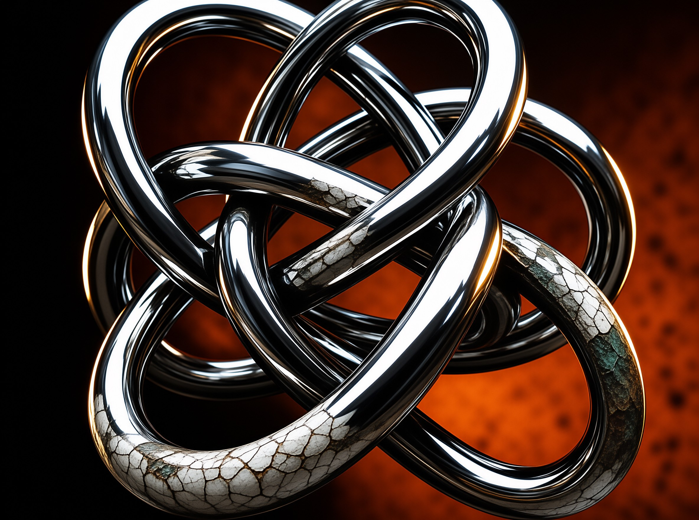 Polished metal loops interweave into a knot, some sections crazed with cracked silver over a warm rust glow