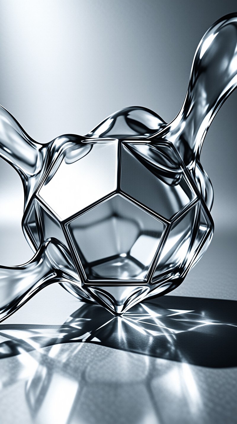 A shiny geometric polyhedron with flowing liquid extensions rests on a reflective surface under bright studio lighting.