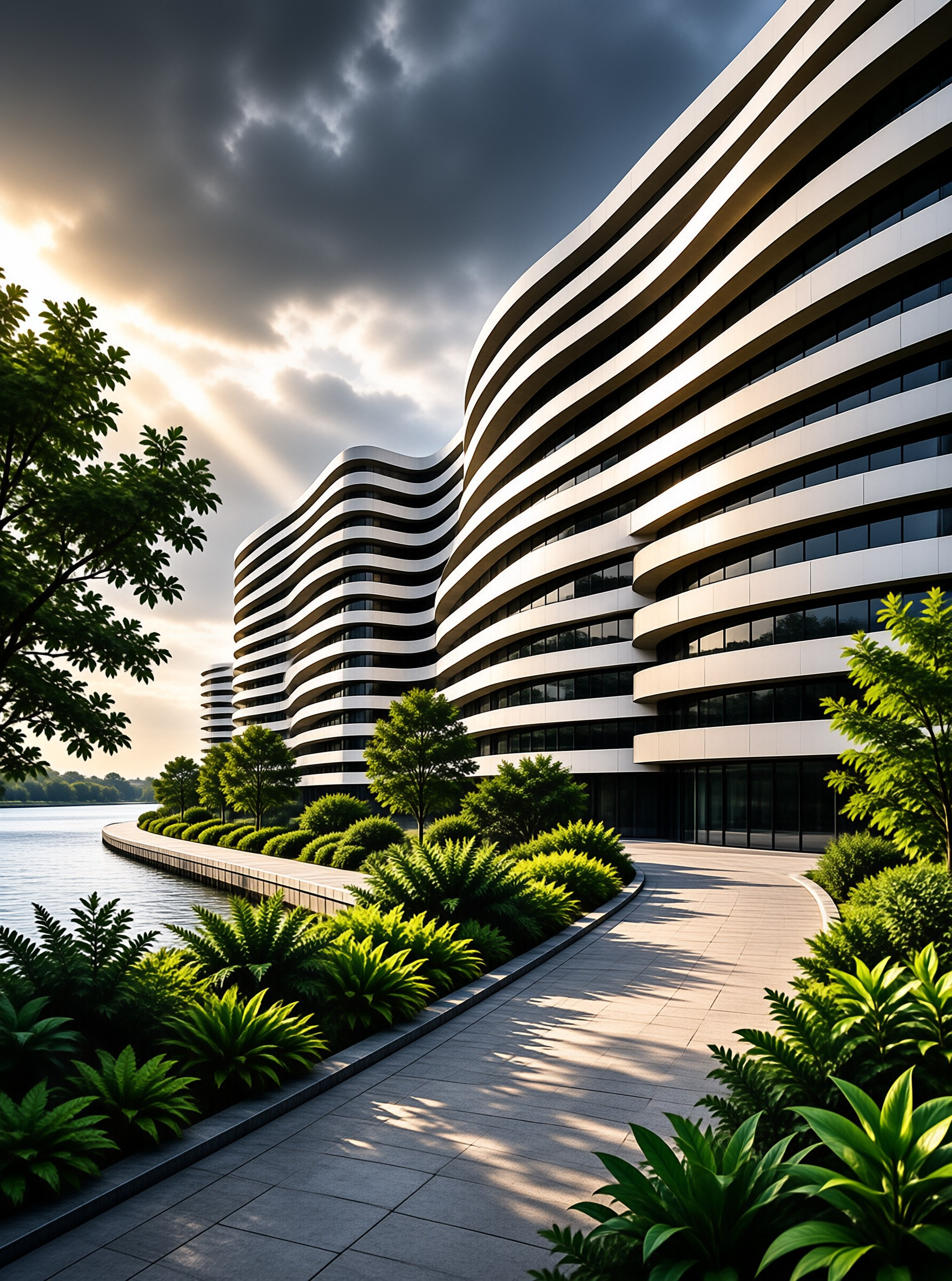 Wavy waterfront office towers have curved glass facades, catching warm sunbeams that cut through dark clouds above the tree-lined lakeside walkway.