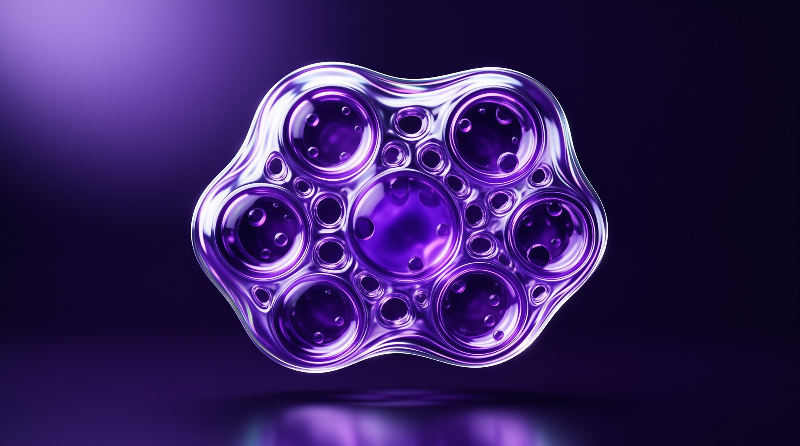 Shiny purple object with multiple circular indentations set against a gradient dark background