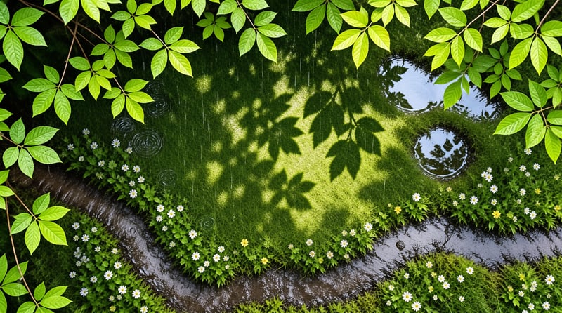 Sunlit leaf shadows fall across a rain dimpled moss pond ringed by fresh green foliage and small daisies