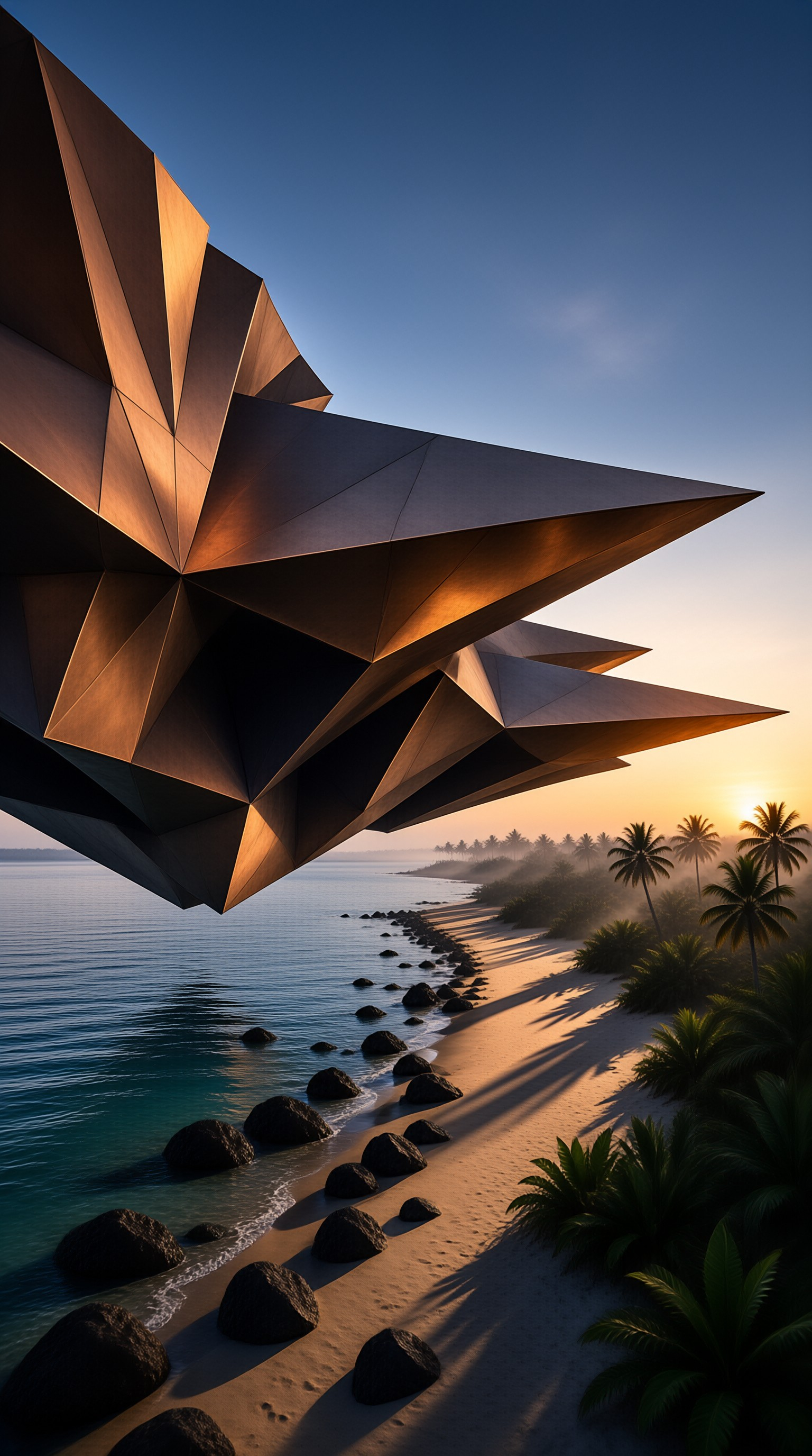 A large angular bronze sculpture hovers over a palm lined tropical beach glowing in the light of early sunrise.