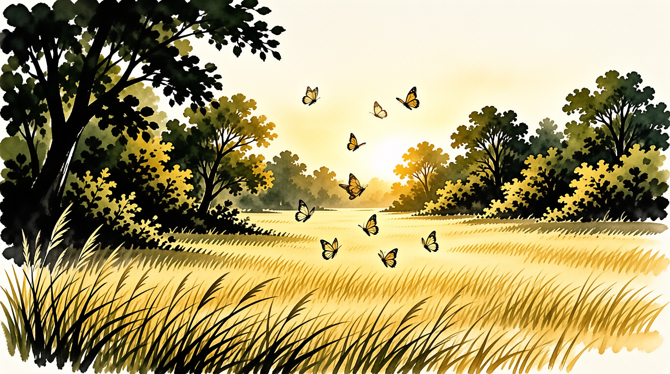 A group of orange and black monarch butterflies flies above a sun-drenched ripening wheat field, framed by leafy green and yellow trees.