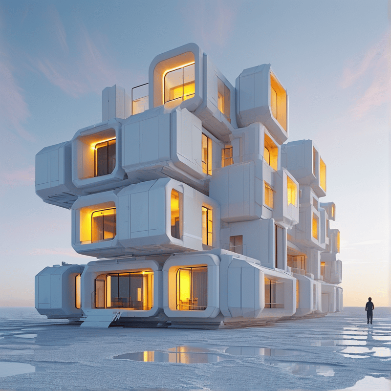 White modular pods with warmly lit windows stack into a tower on a glassy salt flat beneath a soft dusk sky.