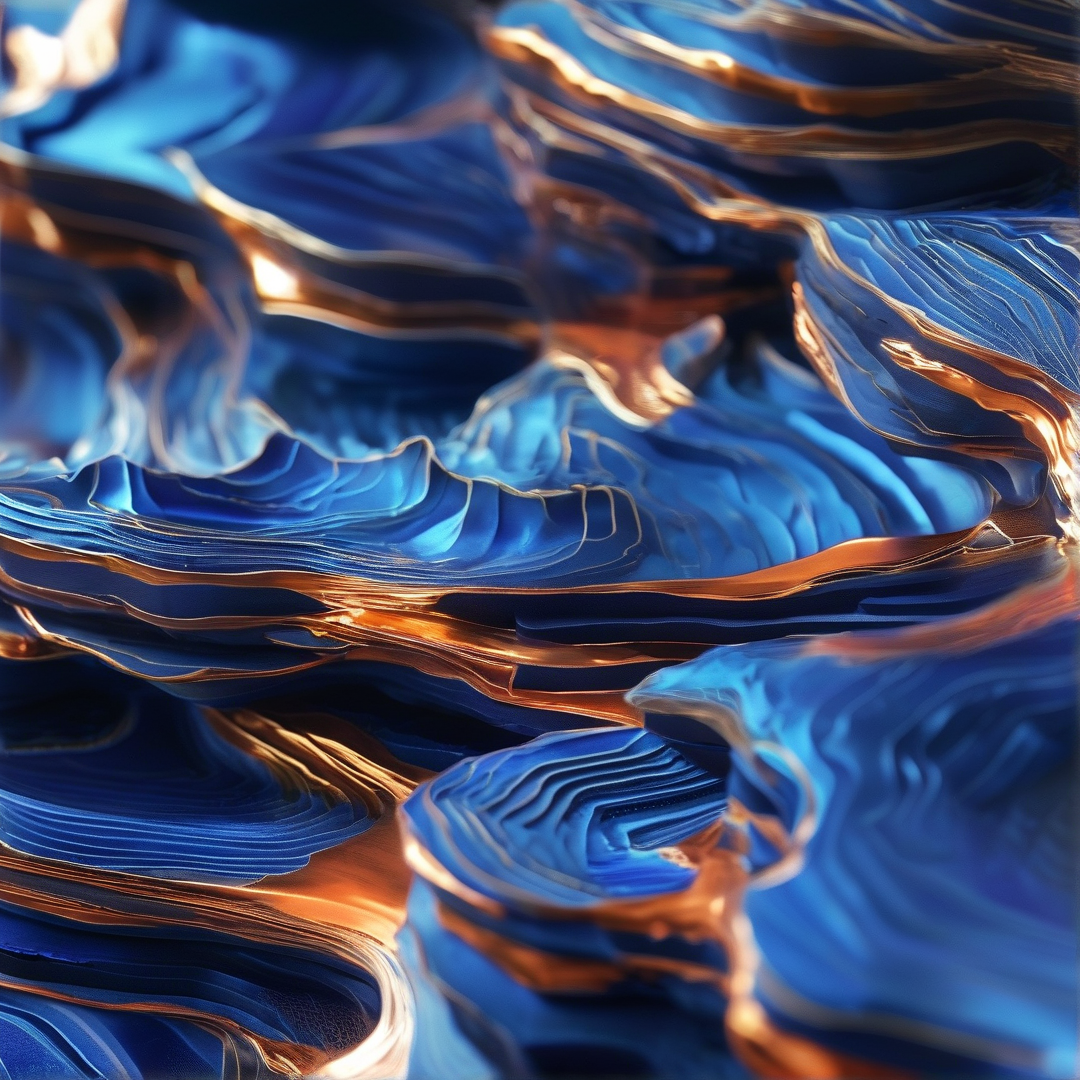 A macro view of undulating blue surfaces mixed with metallic copper ridges catching the light