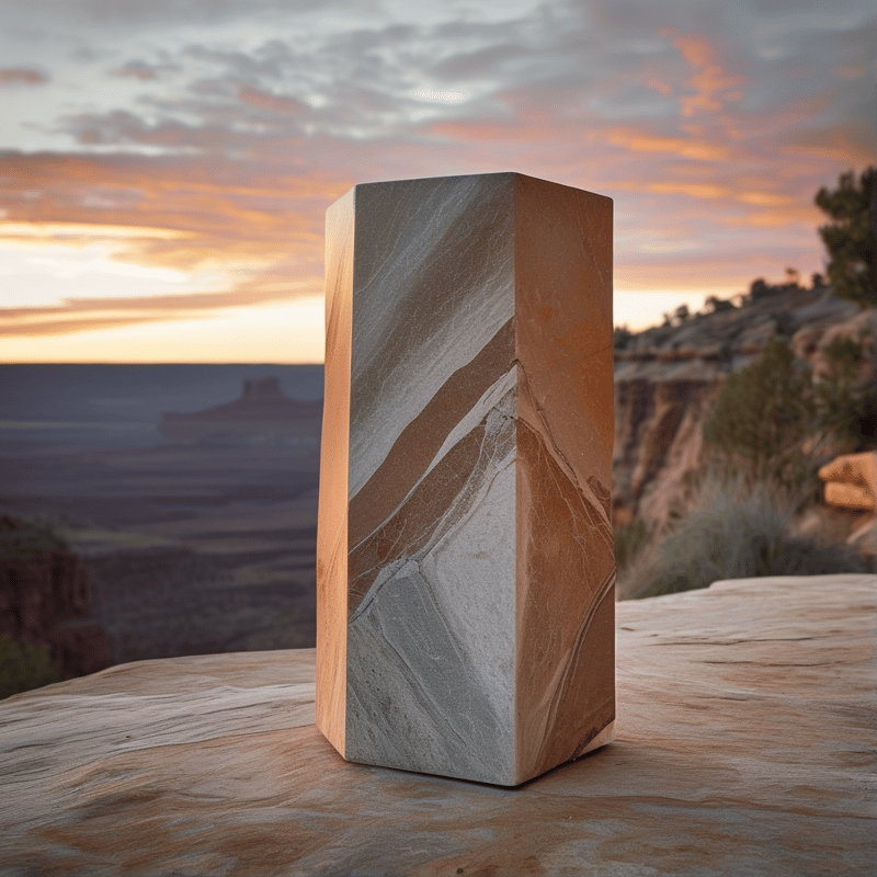 A geometric prism with gray and brown veins rests on a wooden surface overlooking a vast canyon during twilight.