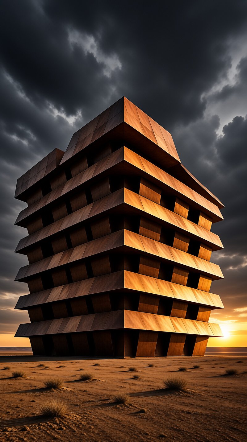 A tall, multi-tiered wooden tower stands in a sandy desert under a cloudy sky, lit by the warm glow of the setting sun.