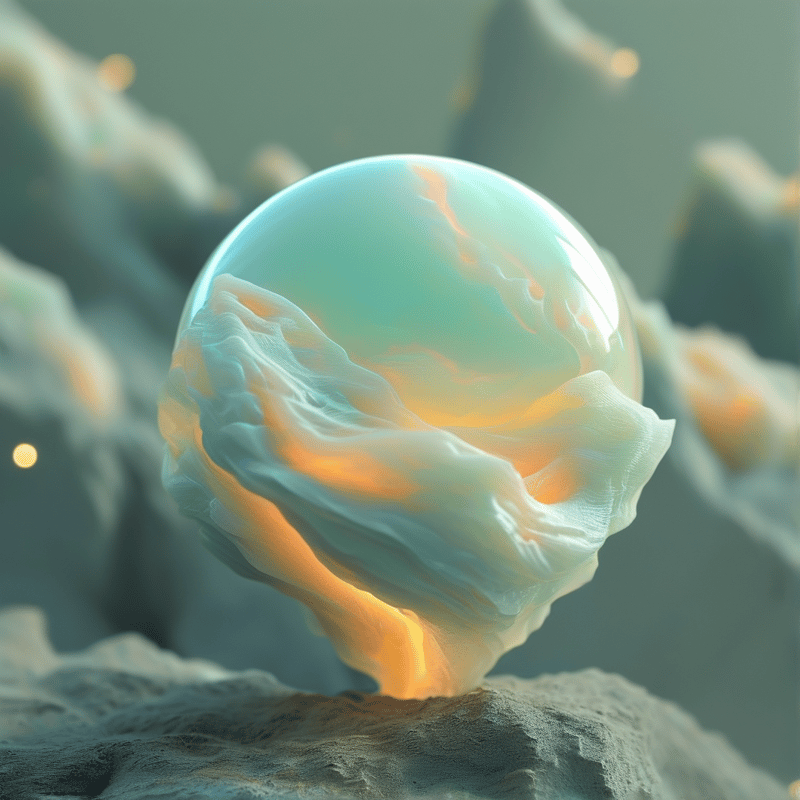 A translucent sphere sits on a rough stone surface emitting a soft orange glow from its flowing lower section.