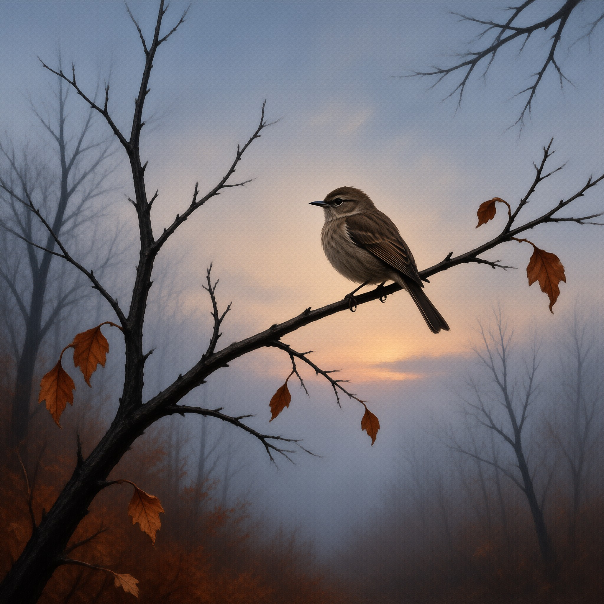 A soft brown songbird grips a thin leafless twig hung with a few dried orange leaves against a hazy dusk sky.