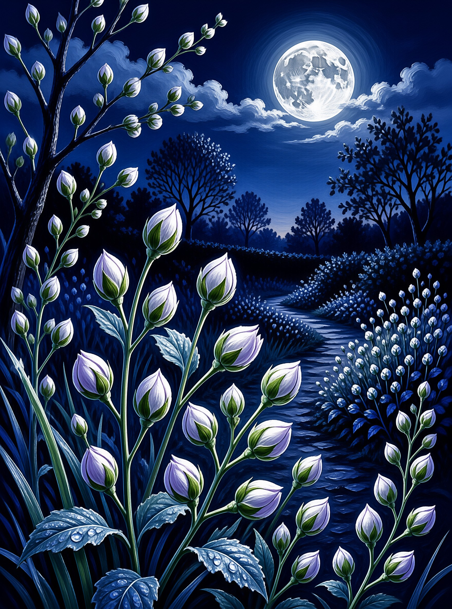 Magnolia Buds Along Path Beneath Bright Moon