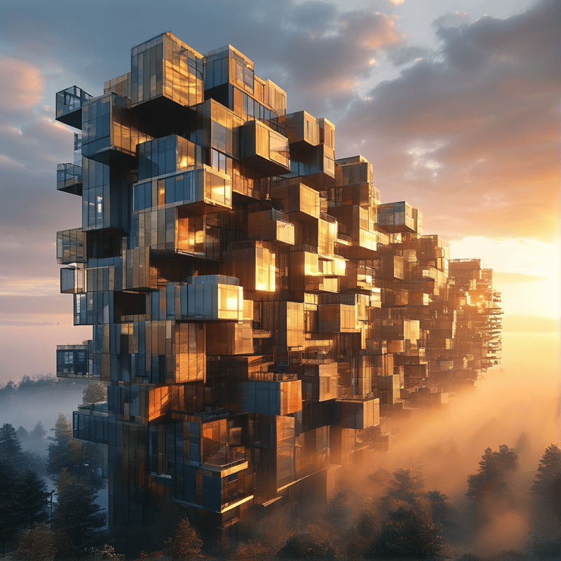 A skyscraper composed of stacked glass cubes stands among trees while low fog rolls through the valley under warm light.