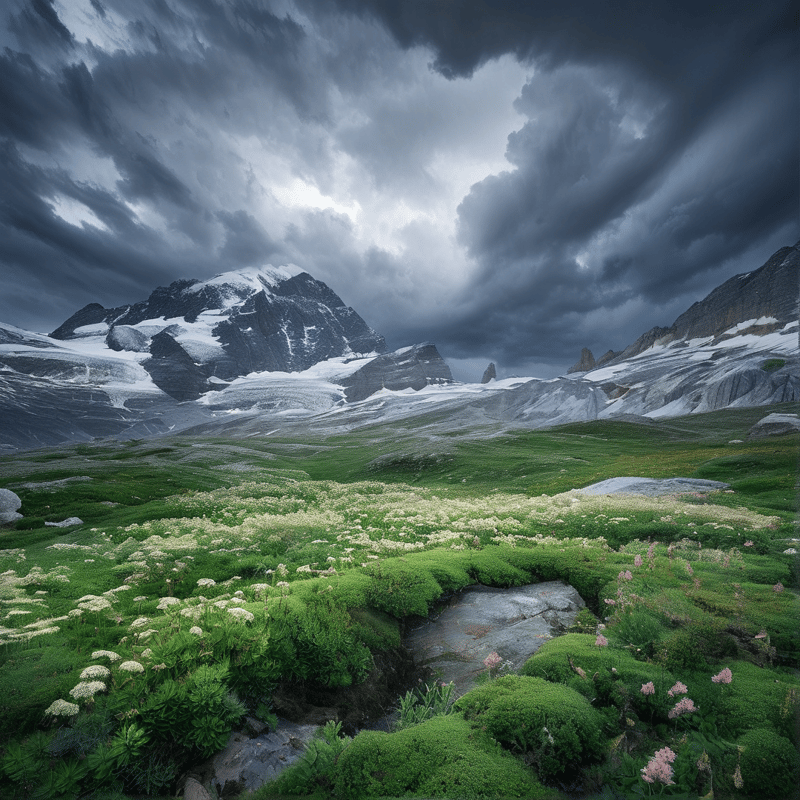 A lush alpine meadow of pale wildflowers lies below snow capped peaks, under a sky filled with thick dark storm clouds.