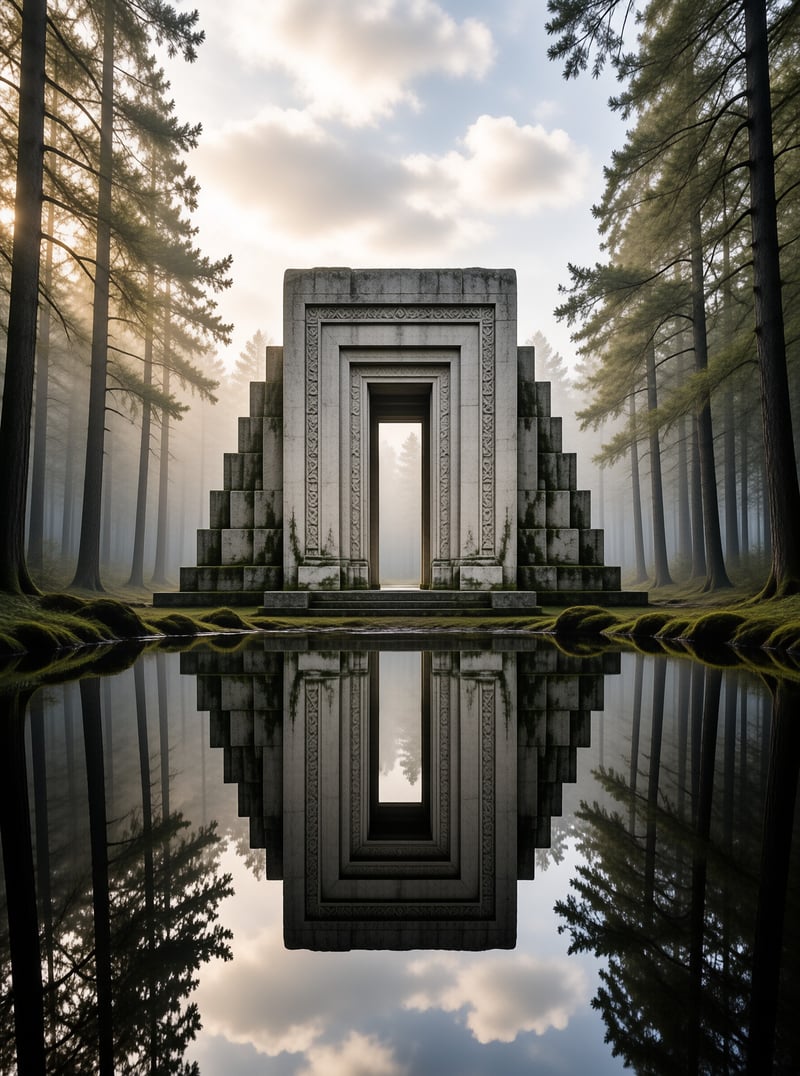 A mossy stepped monument of nested arches mirrors itself in a calm pool deep within a misty pine forest