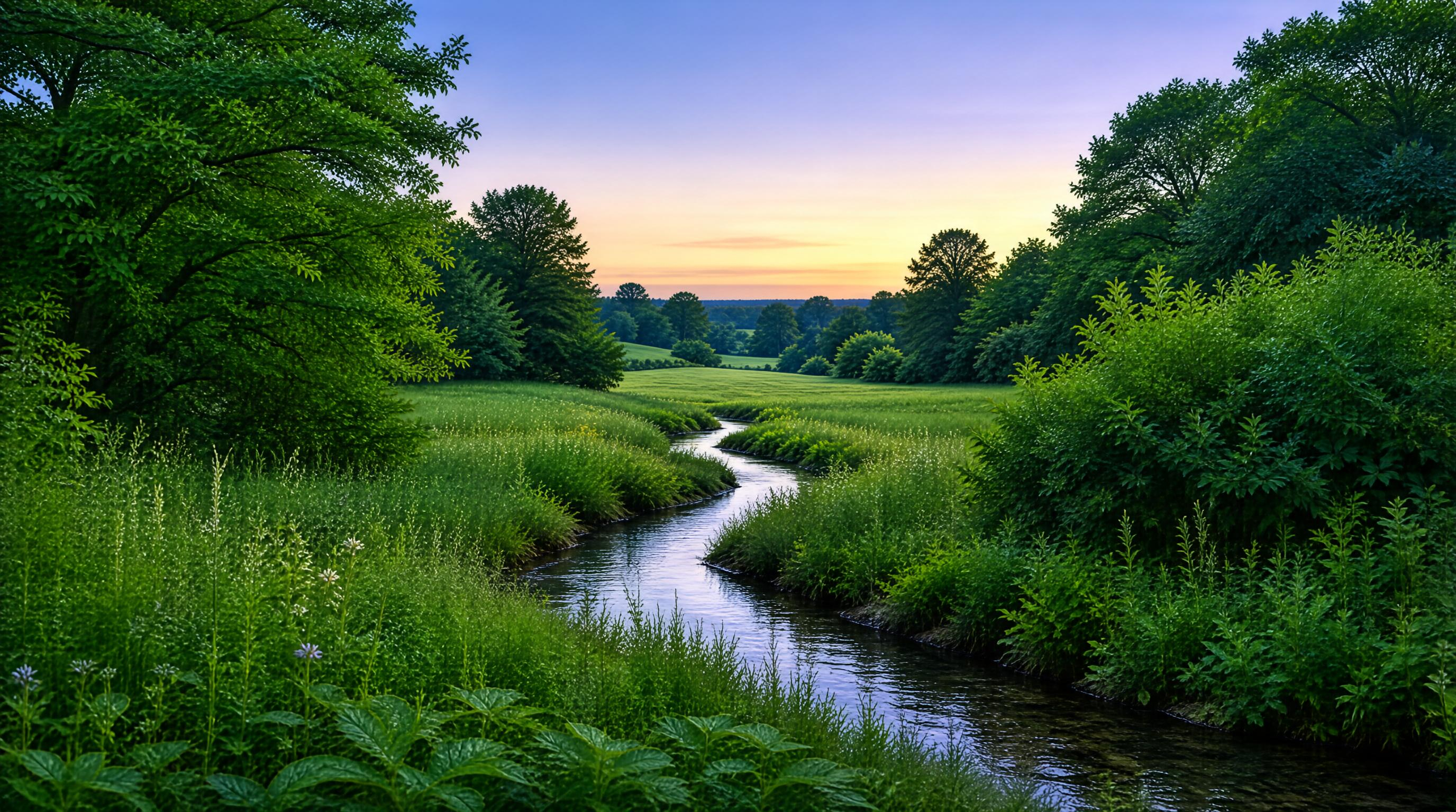 Winding Stream in Green Landscape