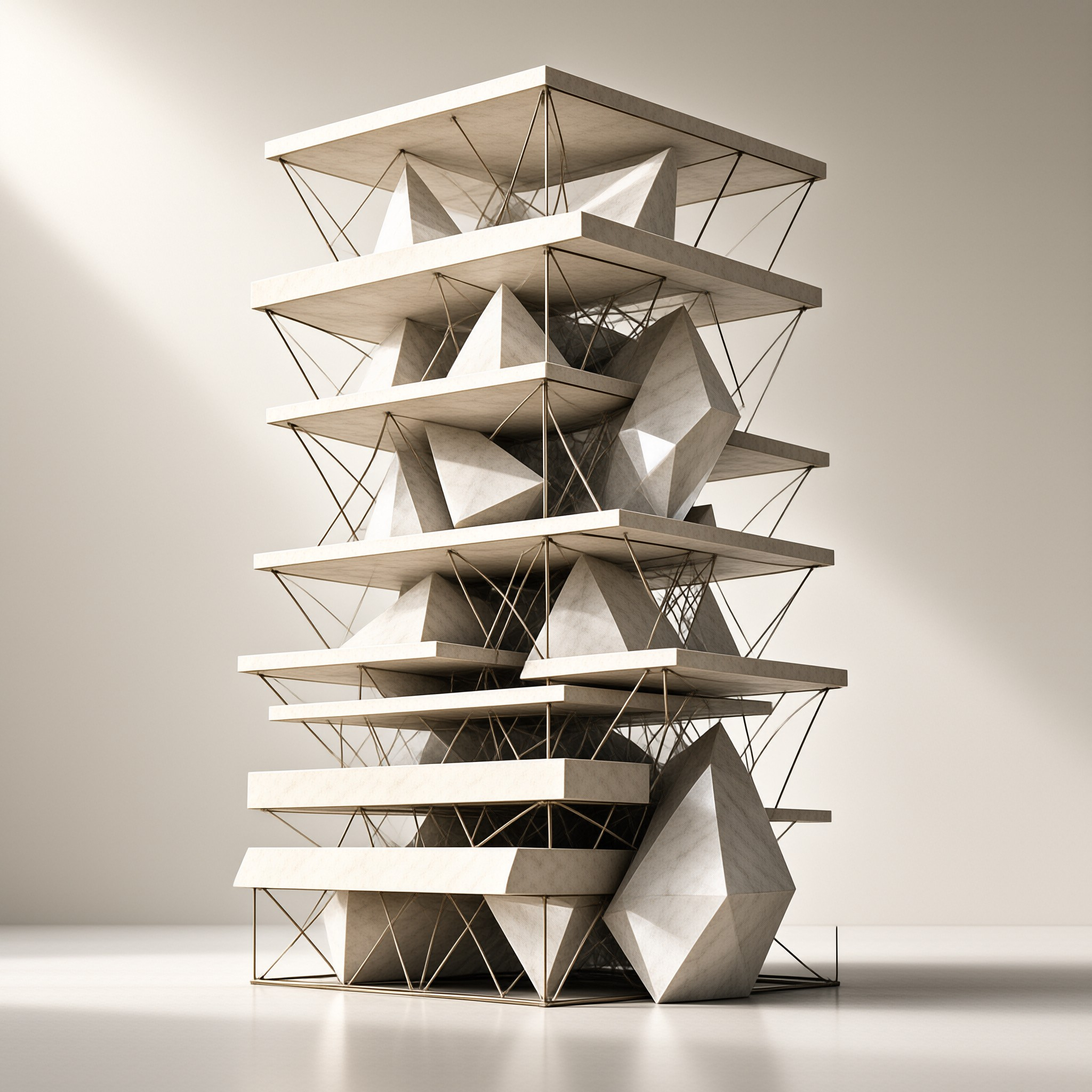 White geometric sculpture featuring stacked platforms and faceted shapes inside a metal frame structure under soft studio lighting.