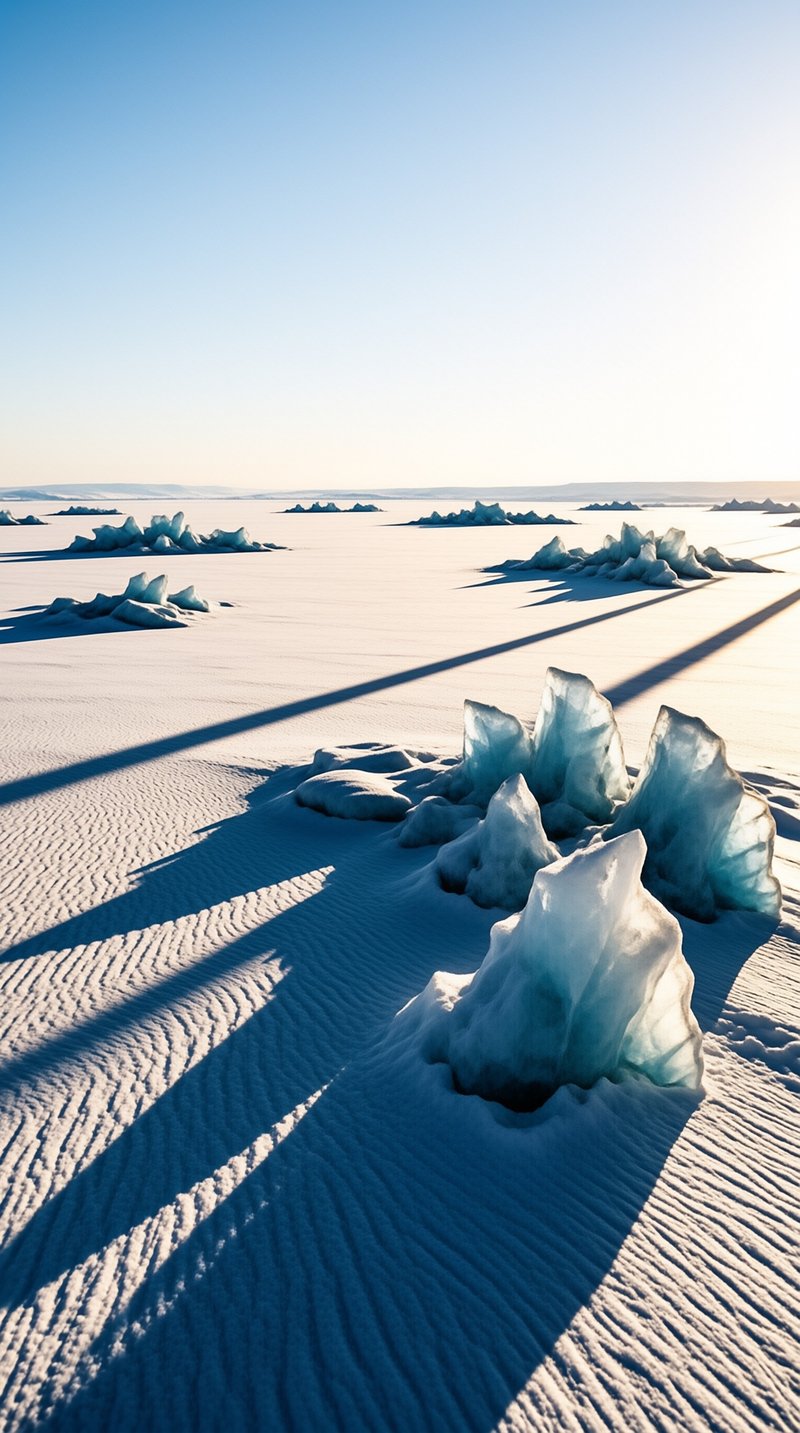 Jagged blue ice crystals emerge from a rippled snowfield under low sunlight casting long shadows across the frozen terrain.