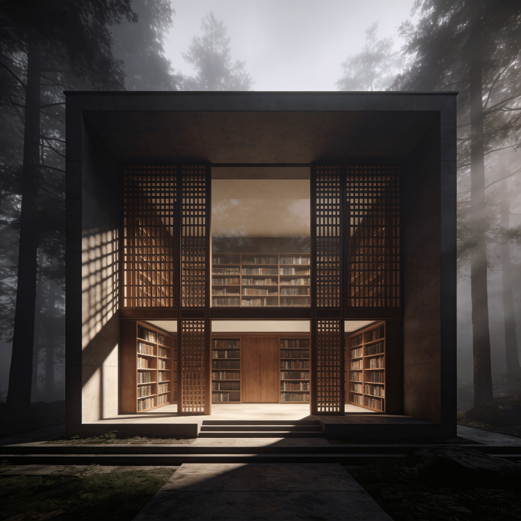 Library with Wooden Lattice — Misty Forest