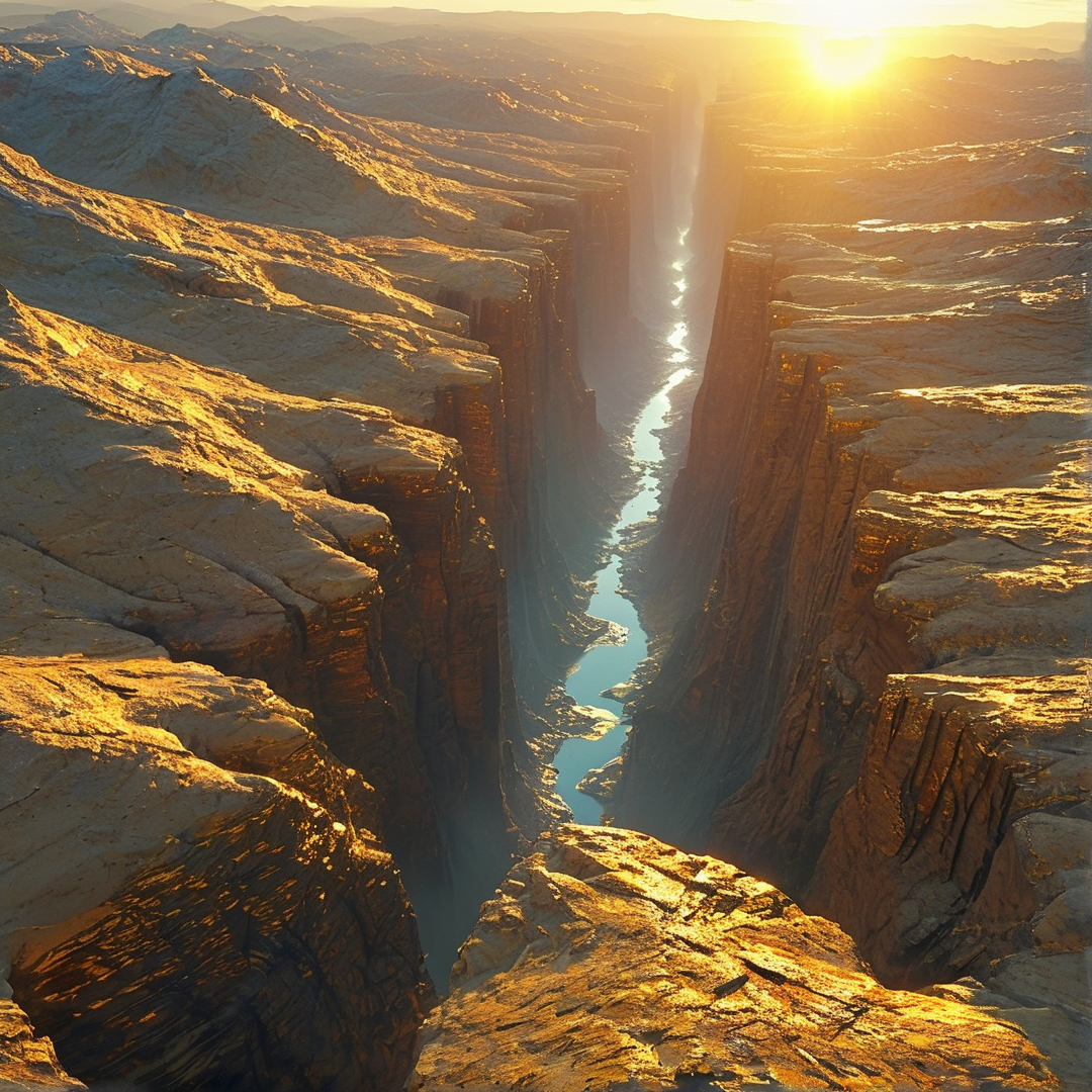 A deep rocky gorge features a winding stream reflecting bright sunlight as it cuts through arid golden terrain.