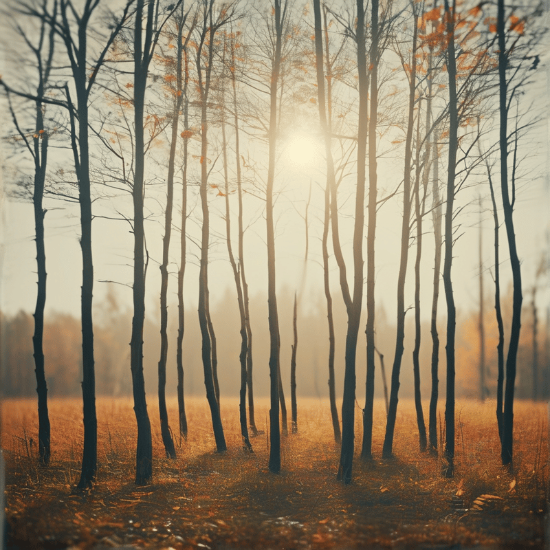 Slender trees stand in dry grass while the sun shines through bare branches creating a warm golden glow across the scene.