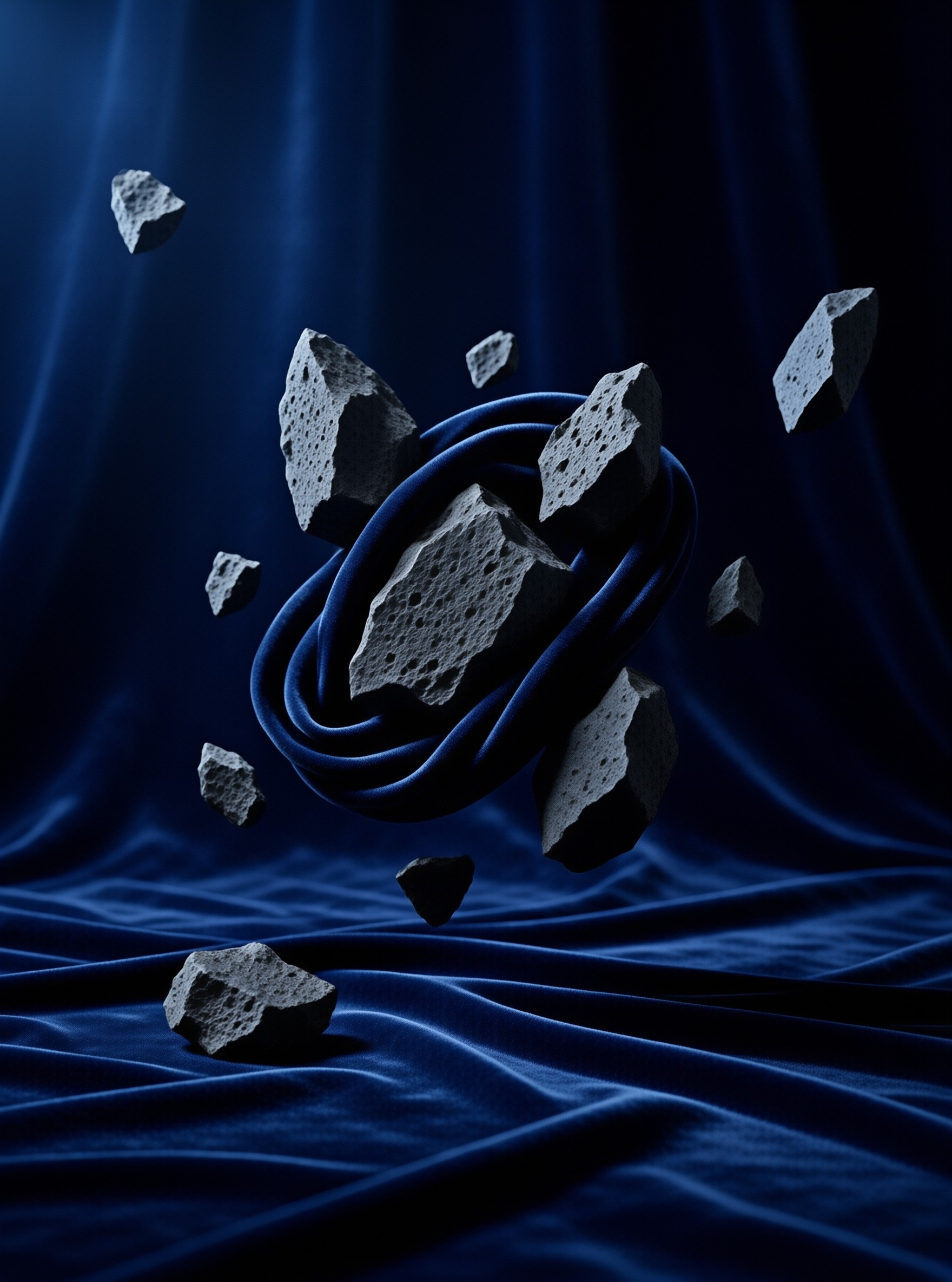 Dark porous rocks float around a swirling ring of deep blue velvet fabric illuminated by dramatic side lighting.