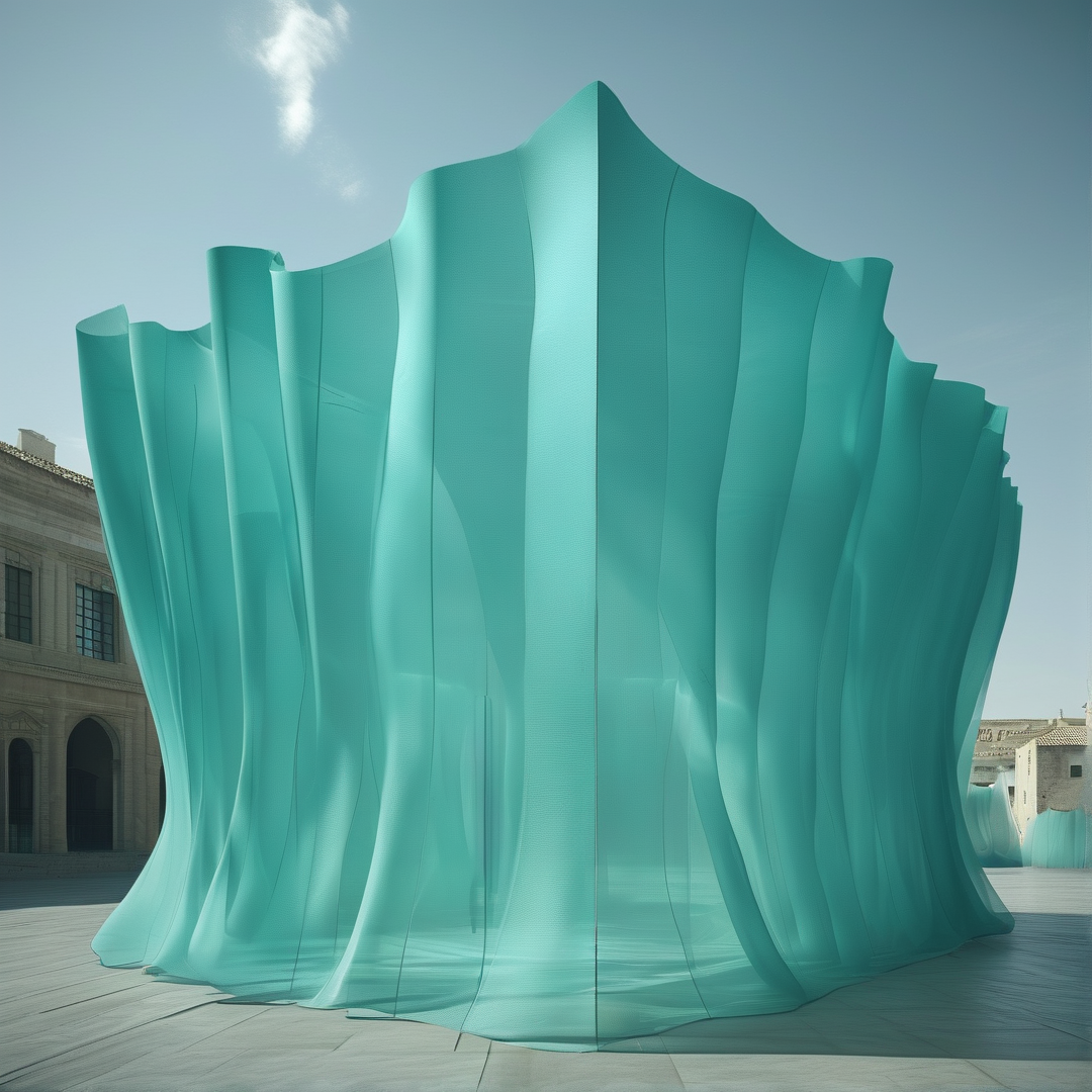 Large pleated teal fabric installation sits on a paved square beside historic stone buildings in bright daylight.