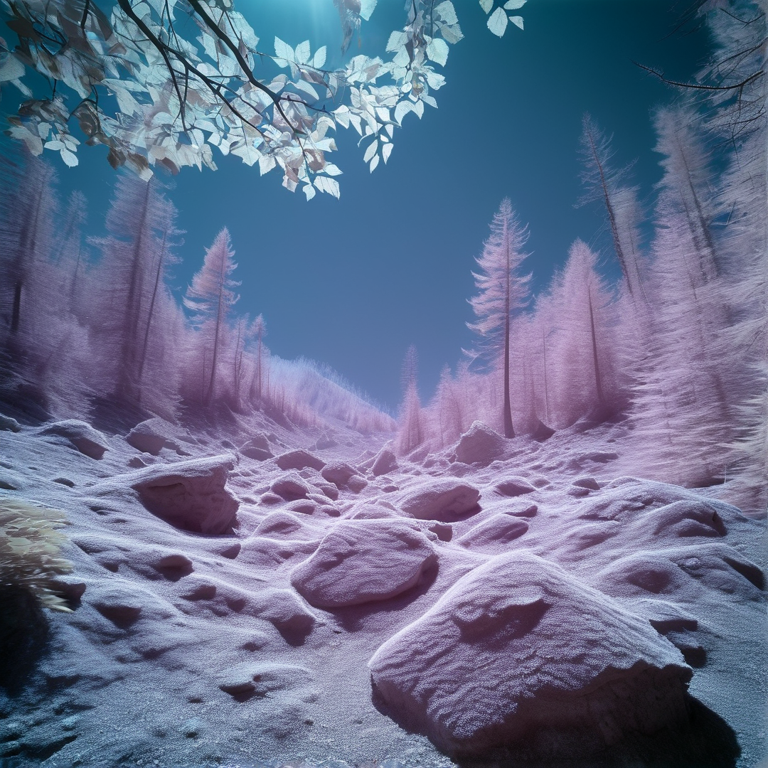 Snow-covered trees and rocks fill a valley under a pale blue sky with frosty branches framing the top of the scene