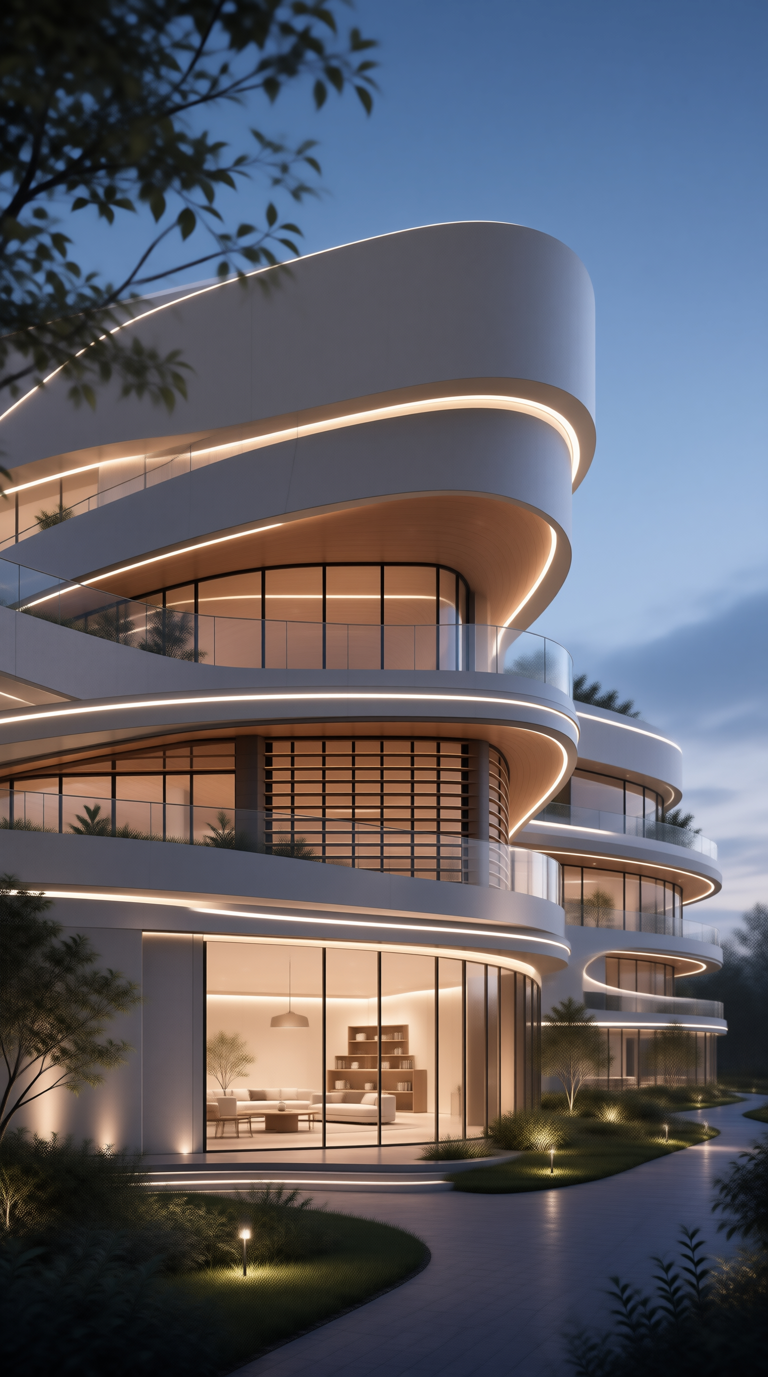 Curved Modern Architecture at Dusk
