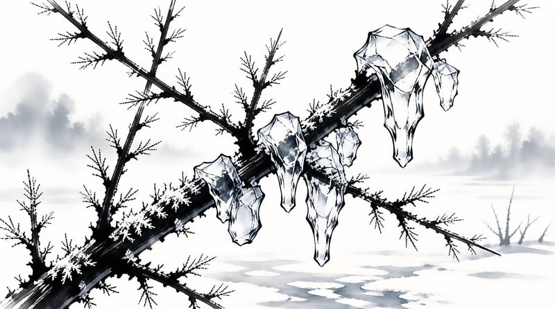 Ink wash illustration of a snow-dusted branch hung with clear icicles over a pale misty field.