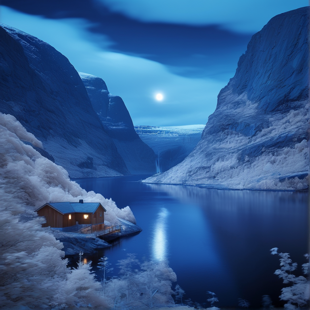 A small lit cabin rests on a snowy shore while the full moon hangs between steep blue cliffs above a calm mirror like fjord.