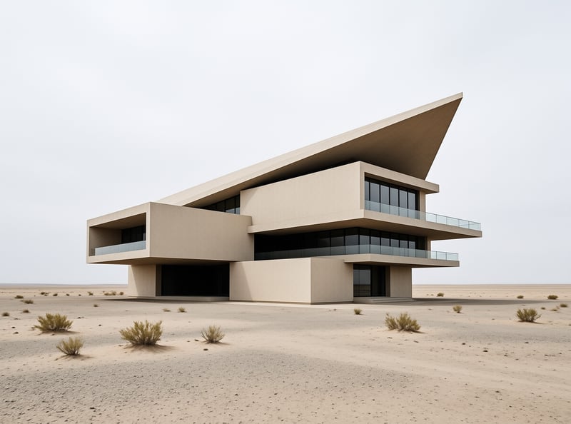 An angular concrete house with cantilevered roof planes and glass balconies stands alone in an empty sandy landscape