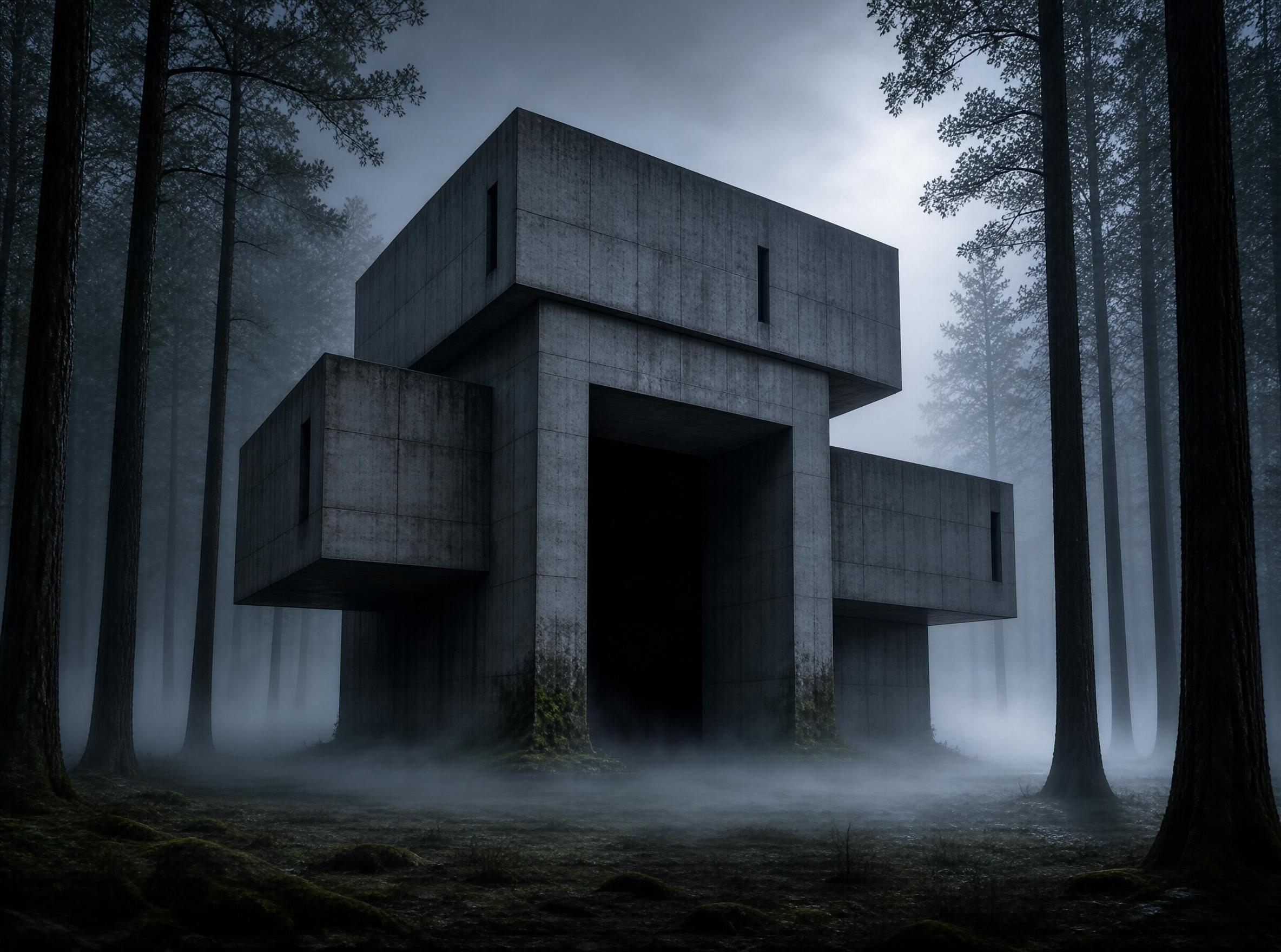 Concrete Structure in Misty Forest