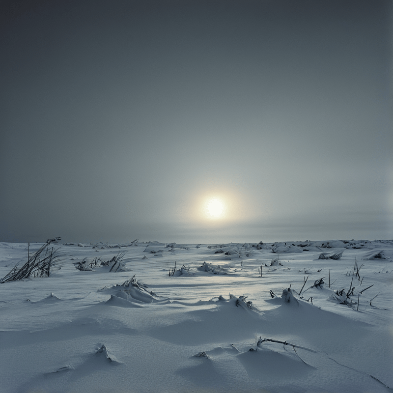 Expansive snow drifts scattered with bare twigs are illuminated by a low sun glowing through a gray hazy sky.