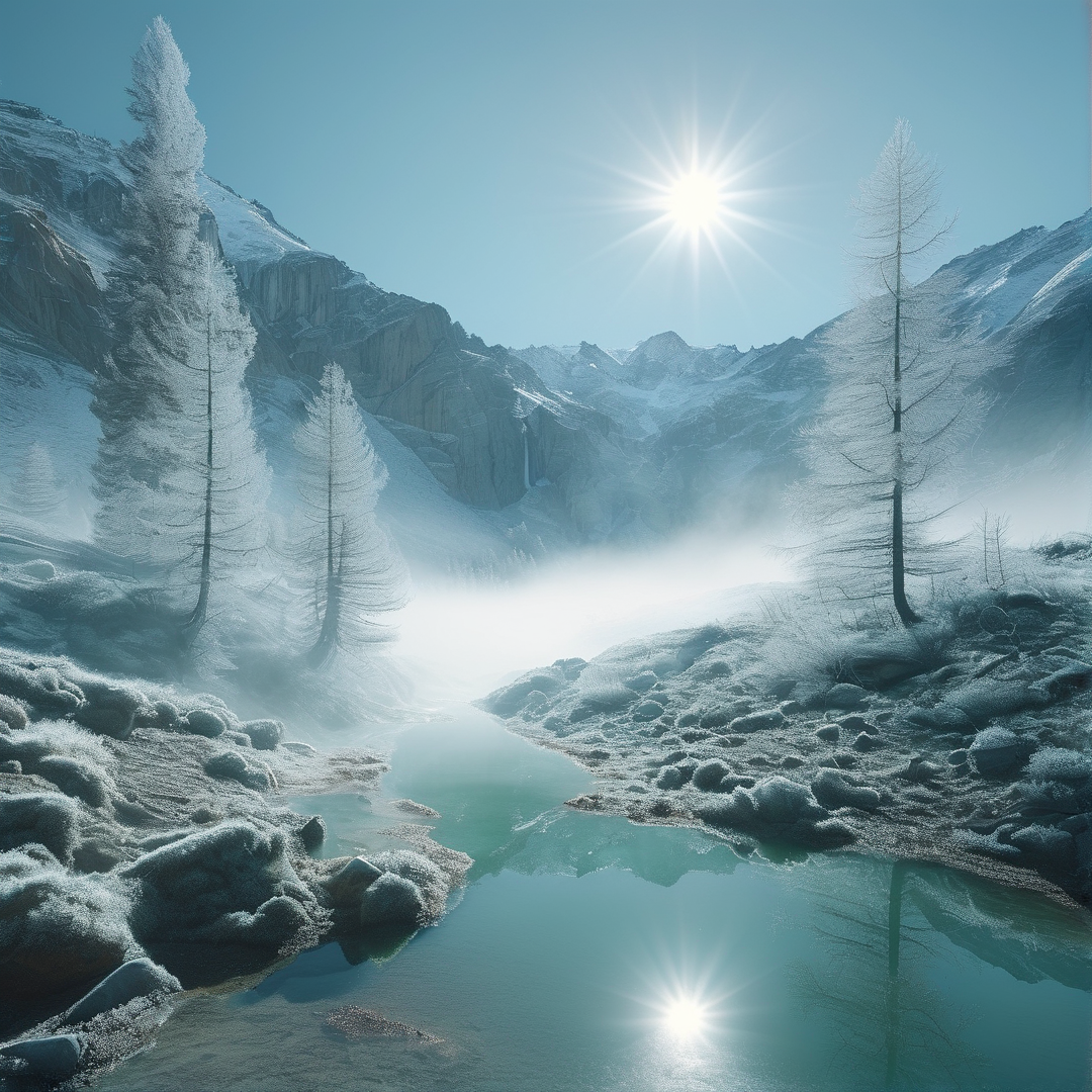 A brilliant sun shines over a frozen river winding through a snowy mountain valley filled with rising mist.