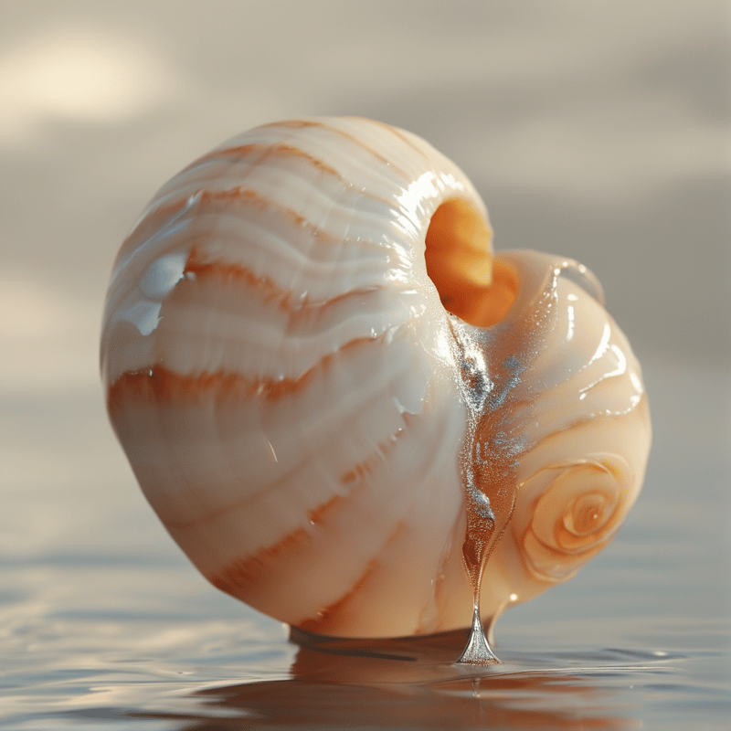 A glossy spiraled shell rests on calm water while a stream of golden liquid drips from its opening.