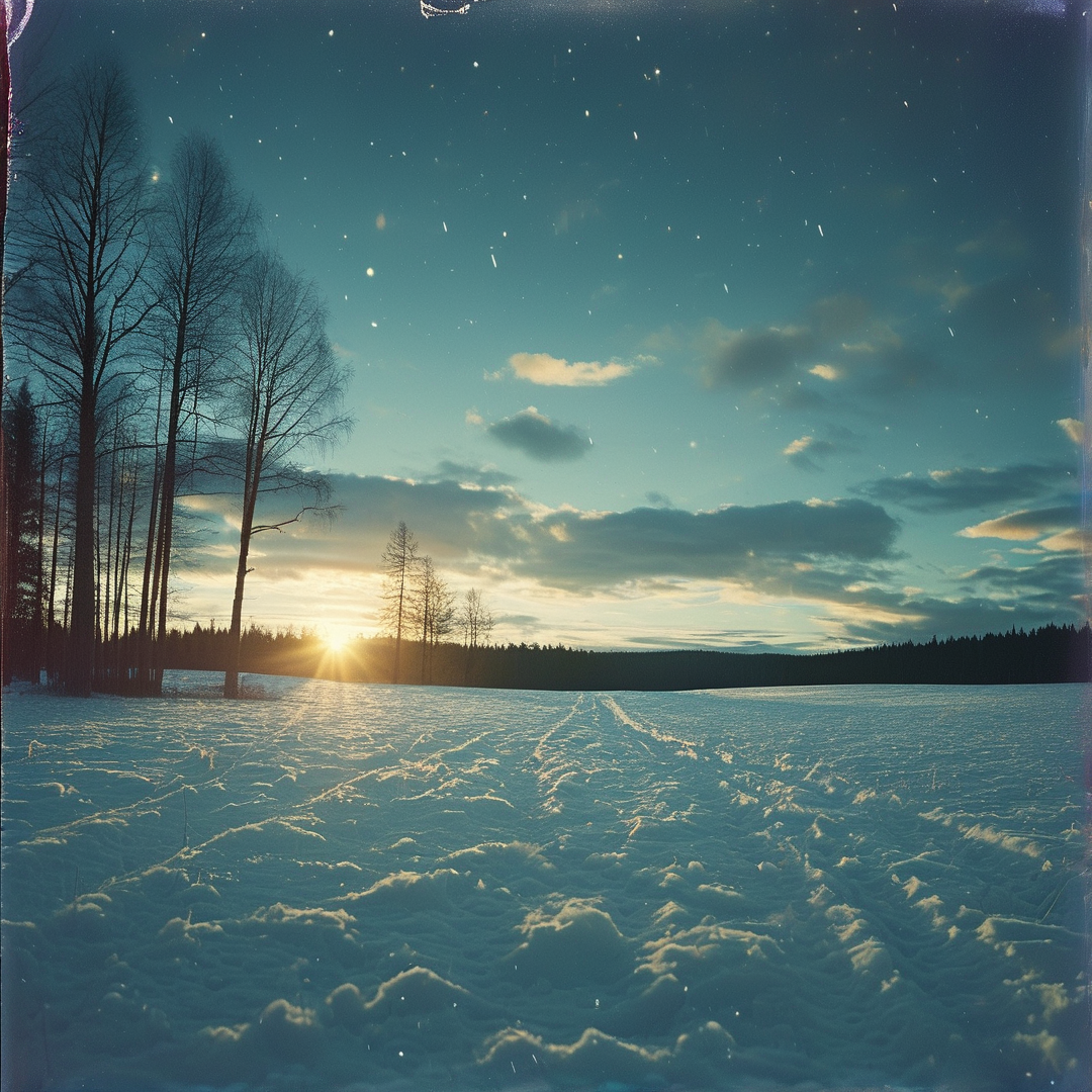 Tall leafless trees stand beside a snow-covered field while the sun shines low near the horizon under a teal sky.