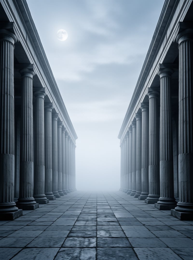 Grey stone columns line a paved path that fades into thick fog under a pale blue sky with a bright moon.
