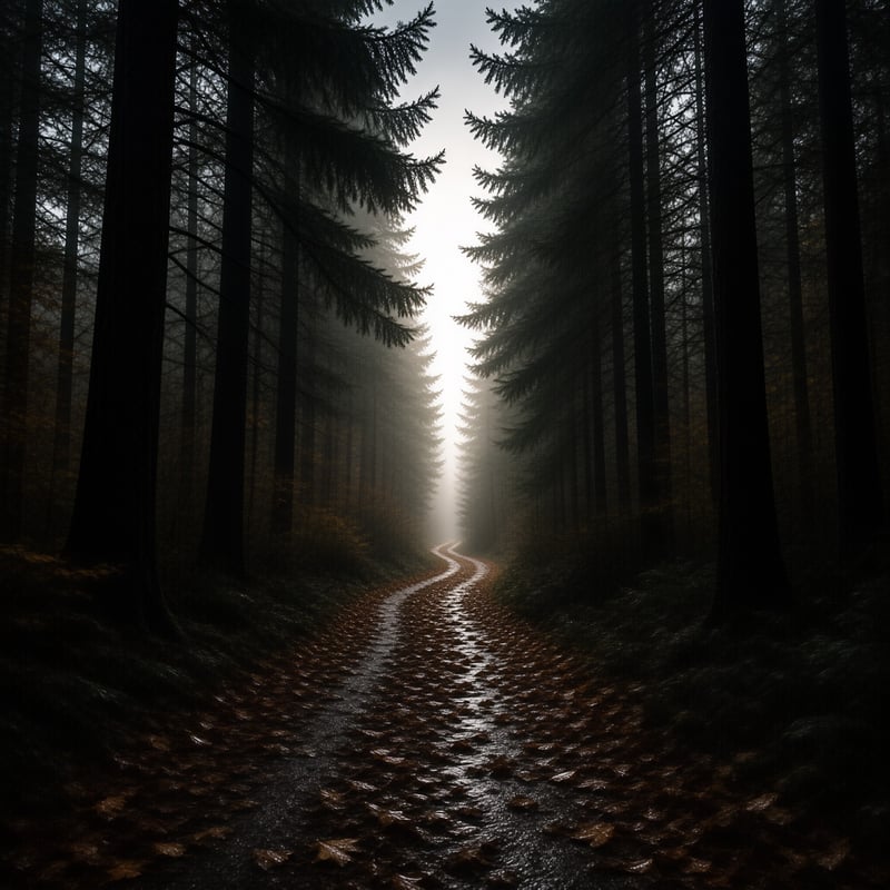 Tall dark trees frame a wet dirt road curving toward a glowing foggy vanishing point
