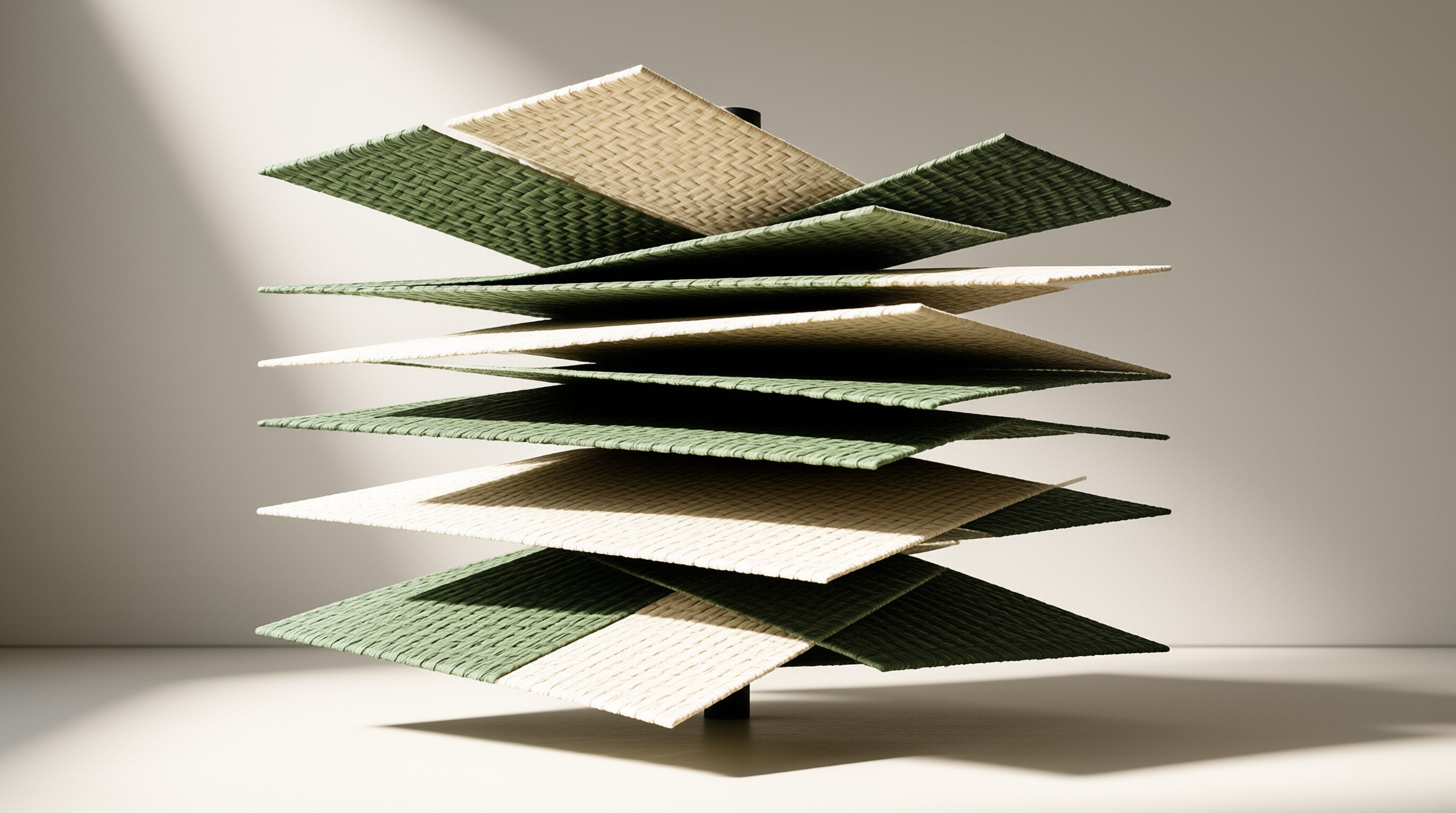 Panels of sage and cream woven rattan are stacked and rotated around a central rod against a pale wall.