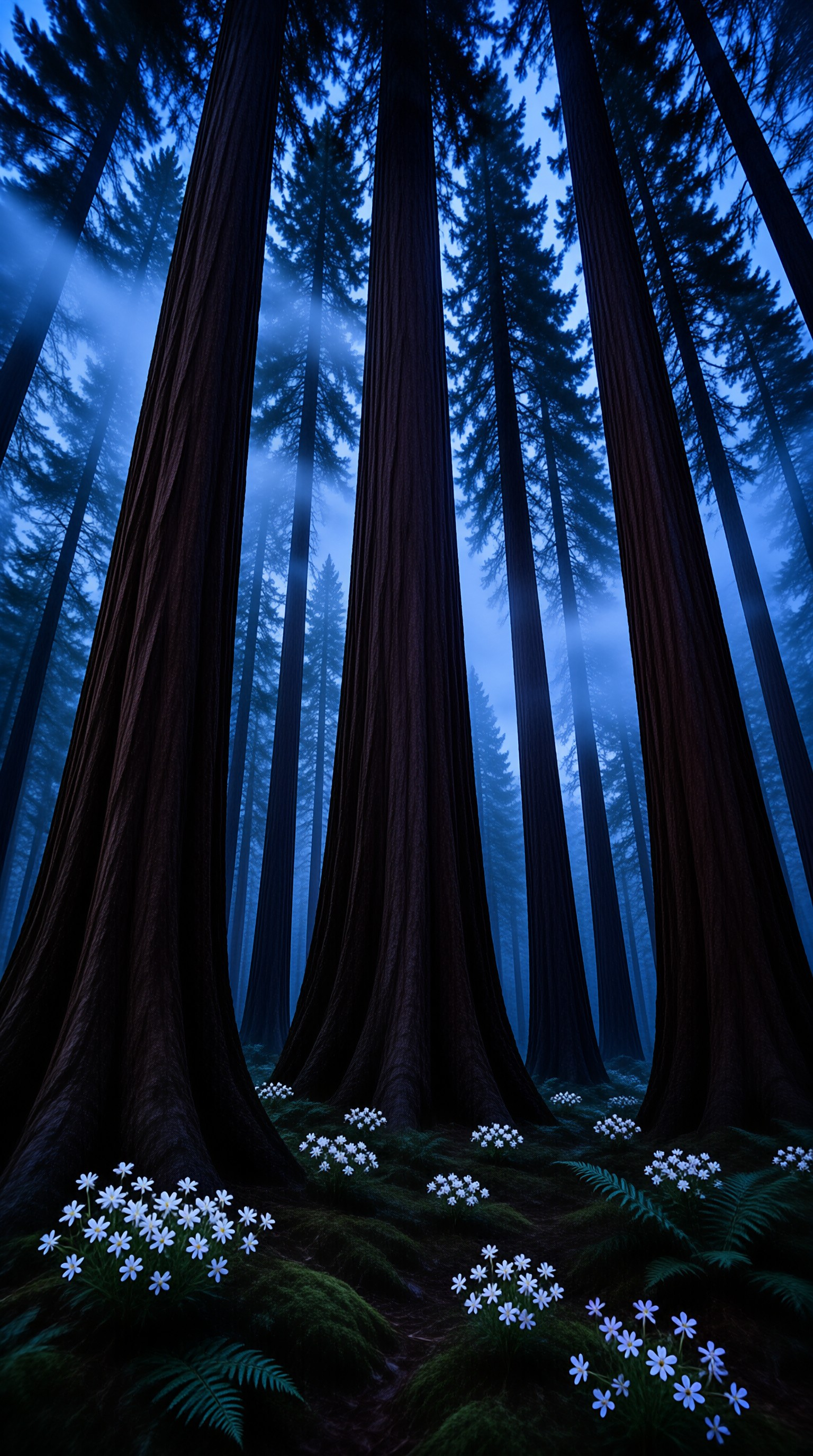 Low angle view of dark tree trunks rising into a blue foggy sky with white flowers on the mossy ground.