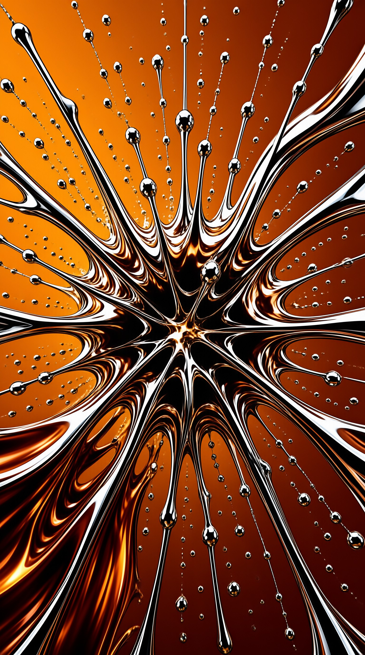 Shiny metallic droplets burst outward forming a radial pattern against a warm amber background with strong reflections.