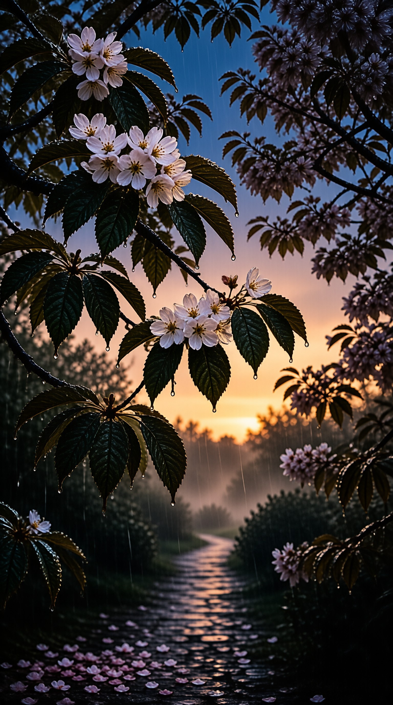 Wet cherry blossoms hang over a stone path that reflects the warm light of a misty sunset while rain falls.