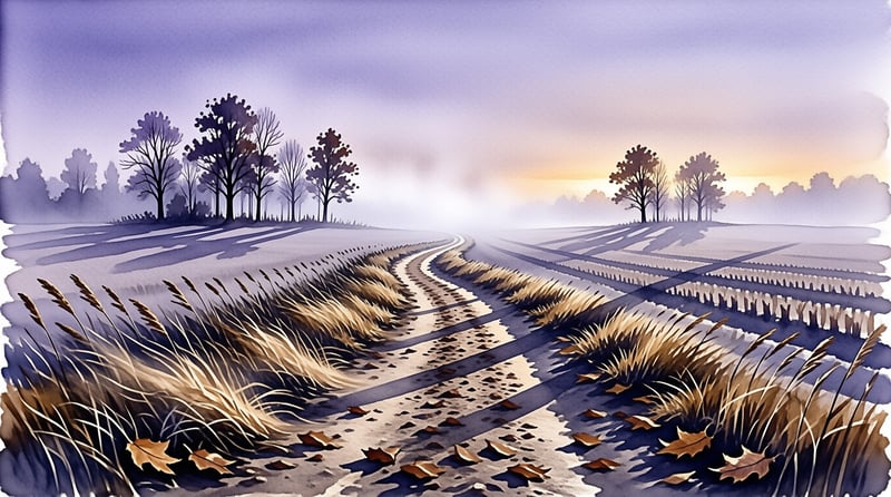 A dirt road winds through tall grass under a foggy sky with distant trees silhouetted against a soft glow.