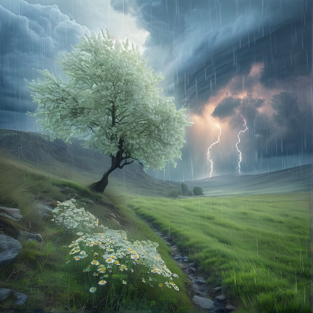 Stormy Pasture with White Tree