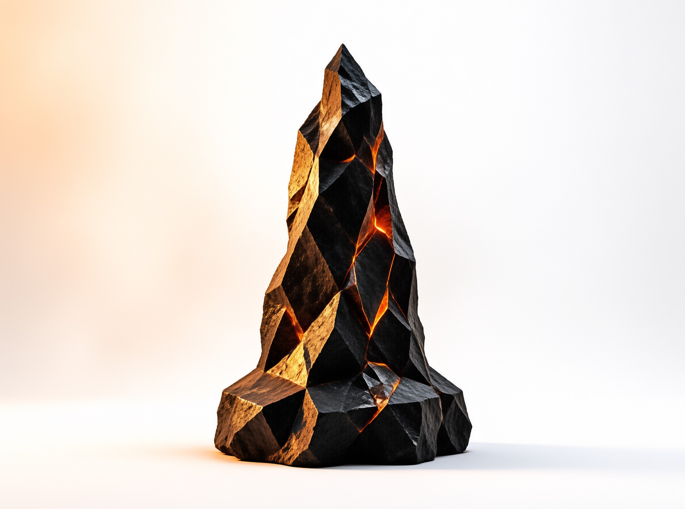 A faceted black sculpture with golden and orange glowing cracks stands against a soft white and beige gradient background.