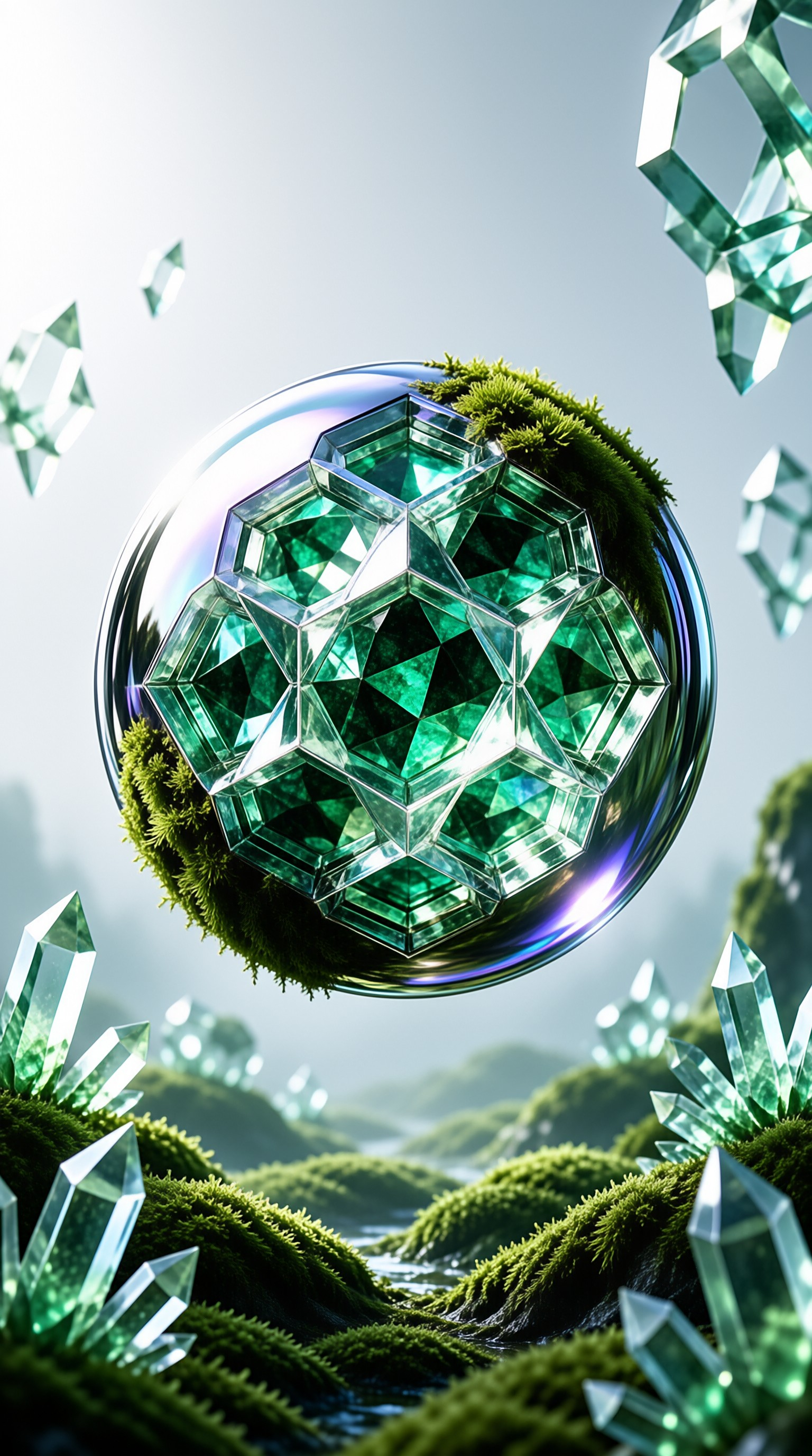 Green crystal formation hovers within a reflective glass sphere suspended over lush mossy hills with floating mineral fragments in a foggy valley
