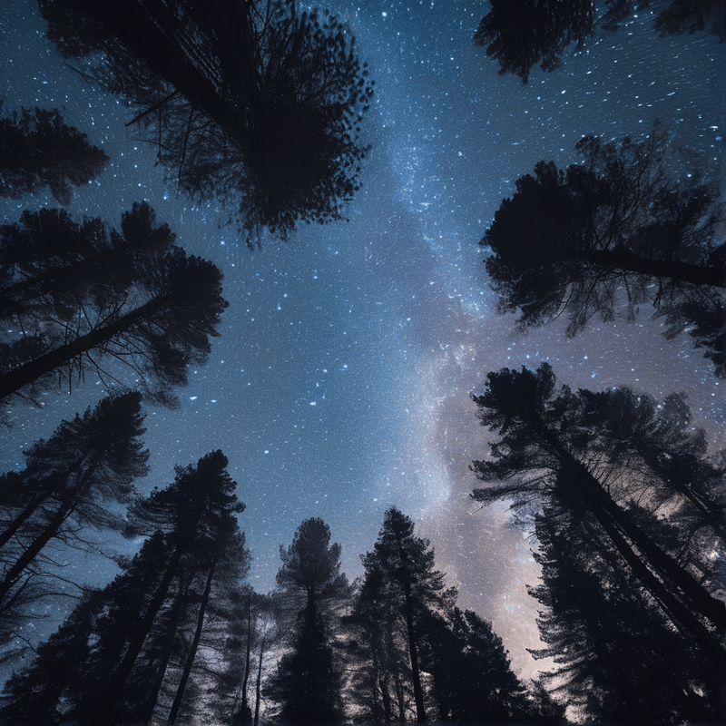 The Milky Way stretches across a starry night sky framed by silhouetted pine trees in a forest with deep blue and white hues.